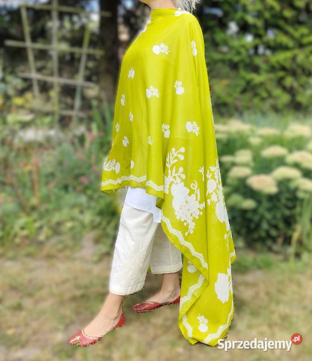 Duża zielona chusta dupatta szal bawełna kwiaty sprzedam