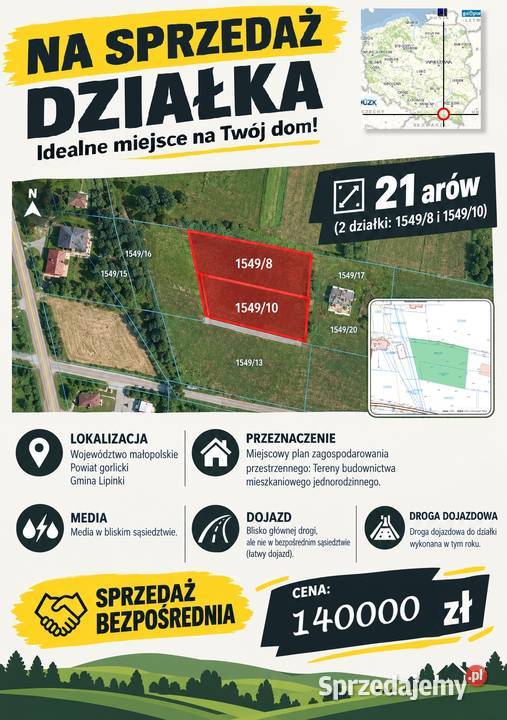Działka budowlana, 21 arów, Gorlice Lipinki, bezpośrednio