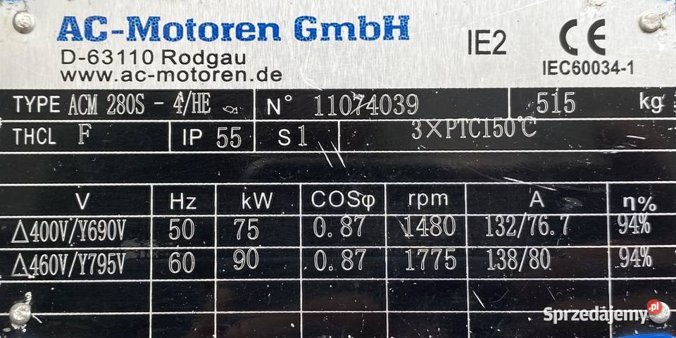 silnik elektryczny 75kW 1480obr 3fazowy IE2 Pigża