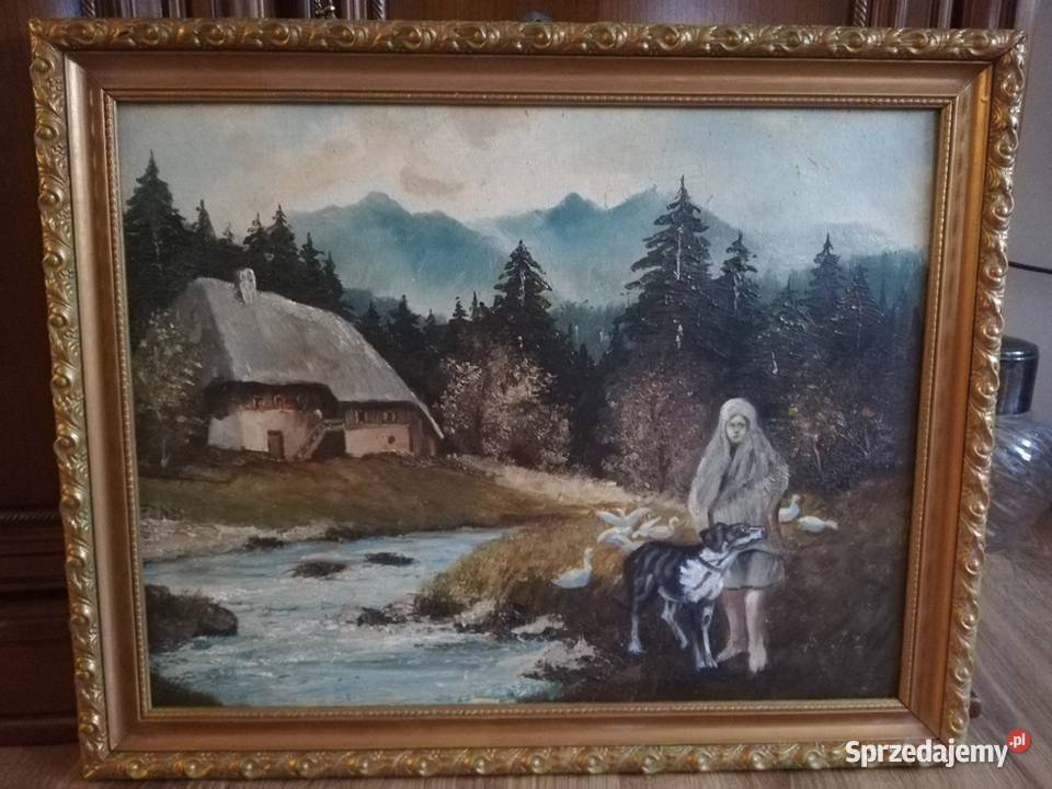 Piękna scena rodzajowa olejna sygnowana w ramie łódzkie Łódź
