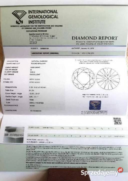 Złoty Pierścionek z BRYLANTEM 056ct VVS2G cert Warszawa
