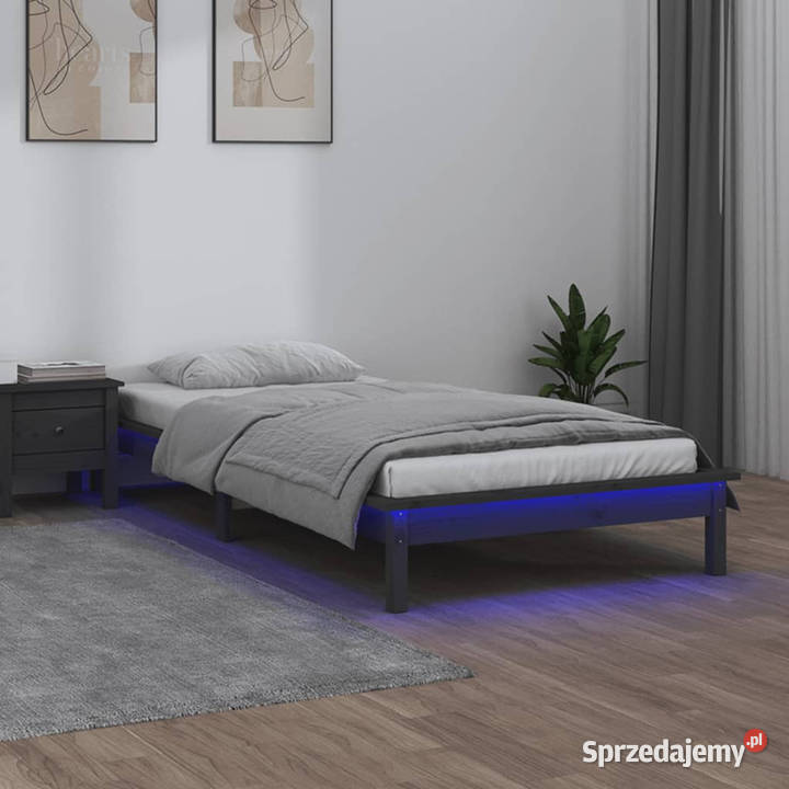 Rama łóżka z LED szara pojedyncza lite drewno 86cm