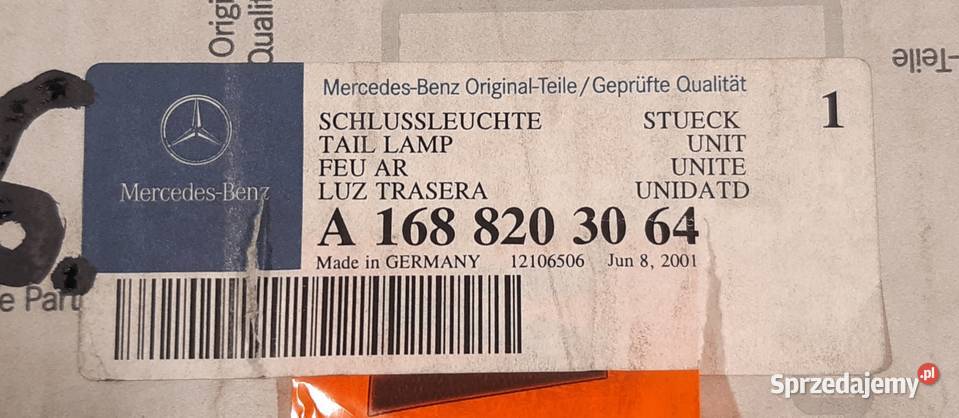 LAMPA PRAWY TYŁ MERCEDES AKLASA W168 A1688203064 Oświetlenie Mielęcin