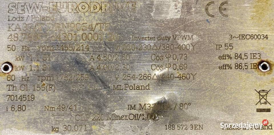 motoreduktor przekładnia 11kW 214obr 3fazowy SEW kujawsko-pomorskie Pigża