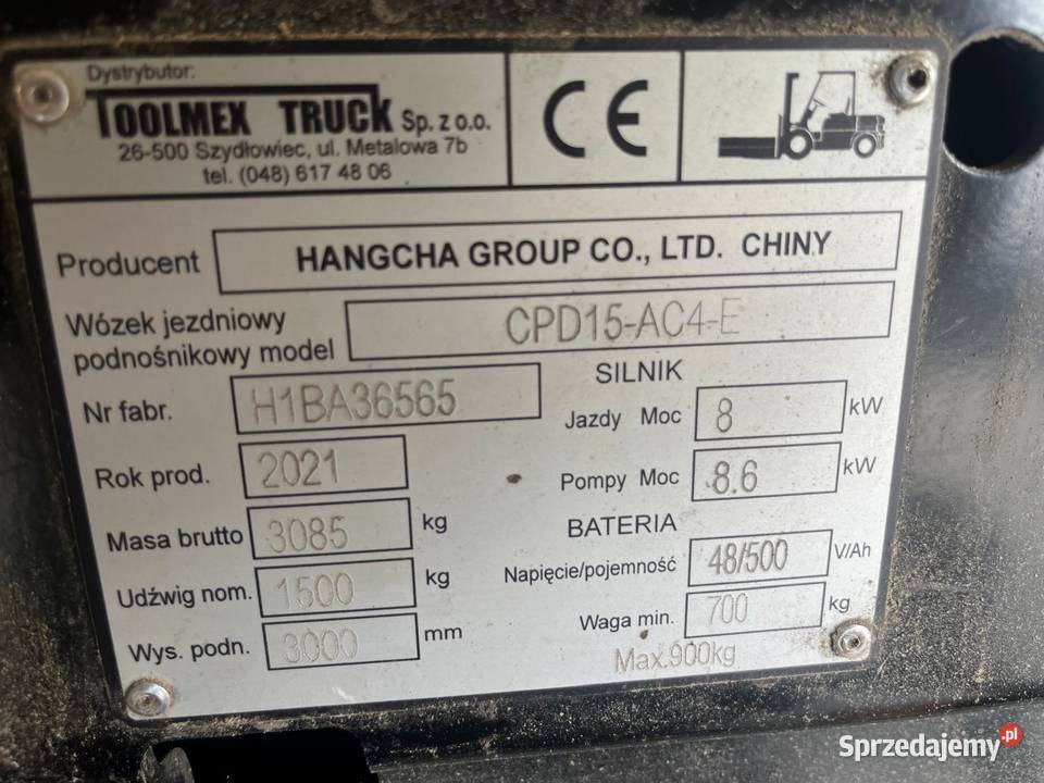 OKAZJA Wózek Widłowy Elektryczny HANGCHA CPD15 Orzechowo