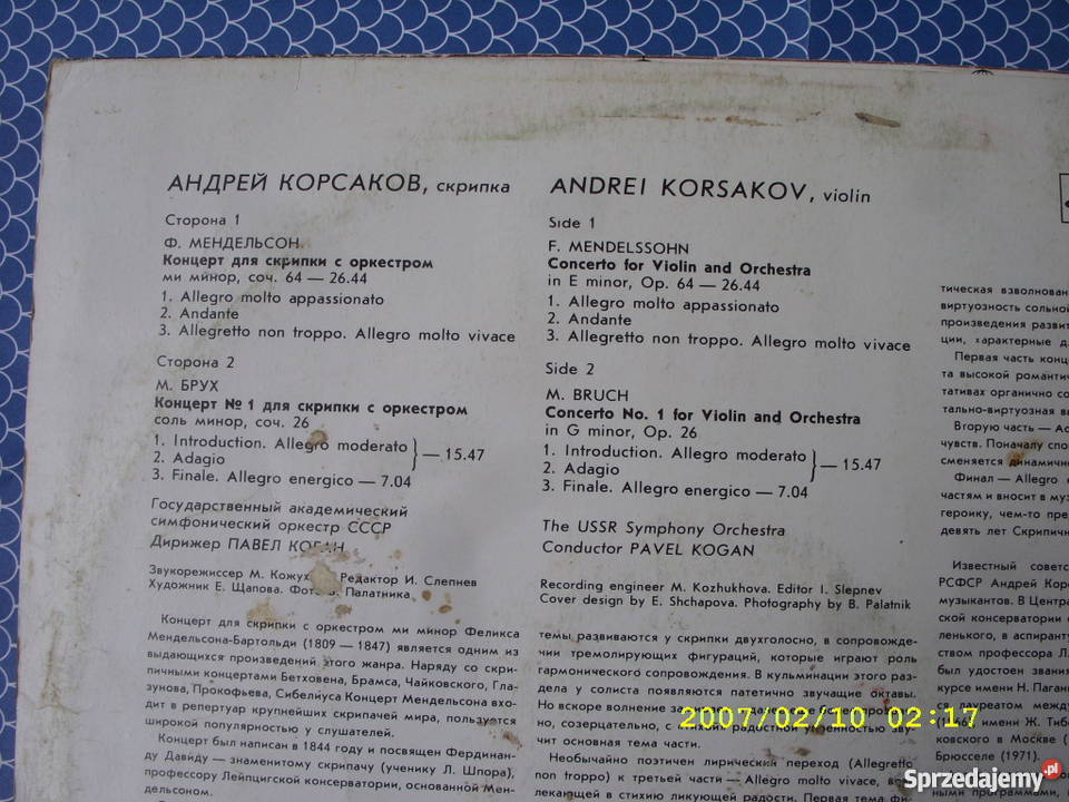 Klasyczna LP F MENDELSSOHNA KORSAKOW VIOLIN Płyty i kasety Wołów