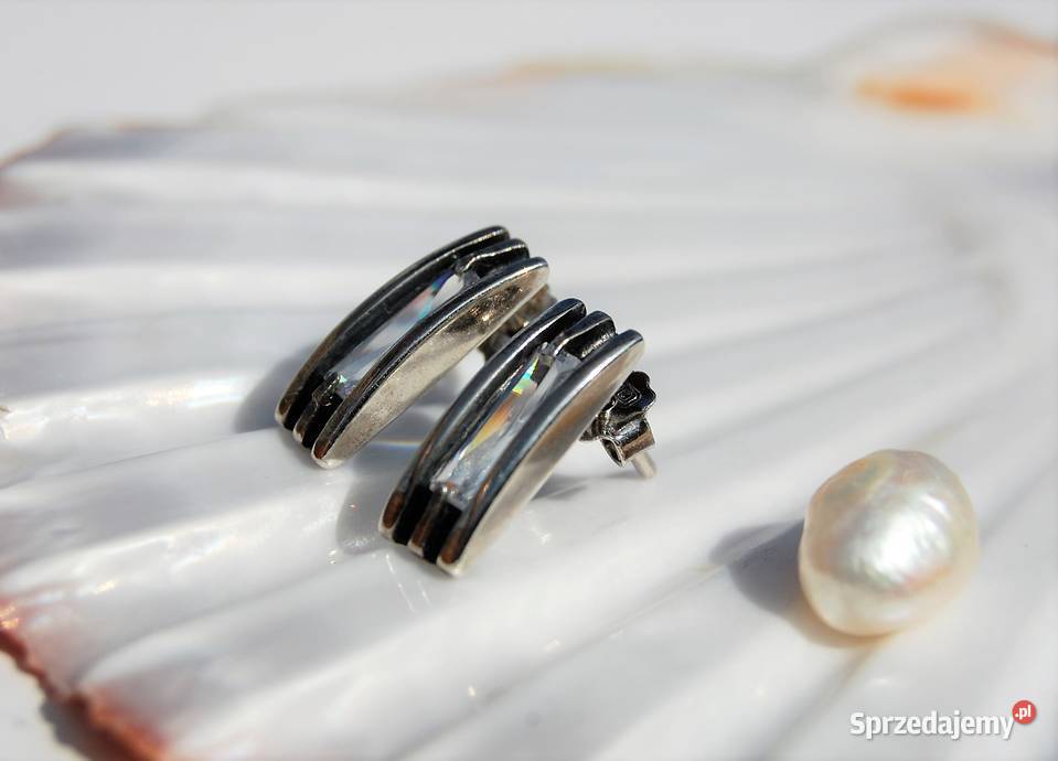 Kolczyki prostokątne białe cyrkonie srebro pr Lublin