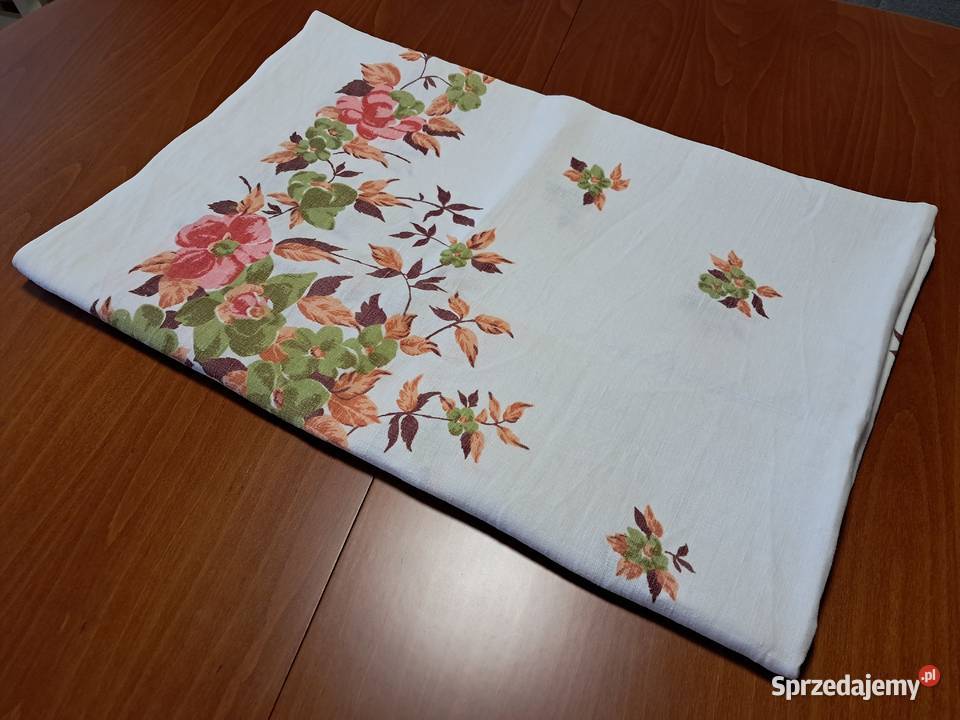 Obrus lniany biały w kolorowe kwiaty 166 x 130 Obrusy małopolskie Kraków