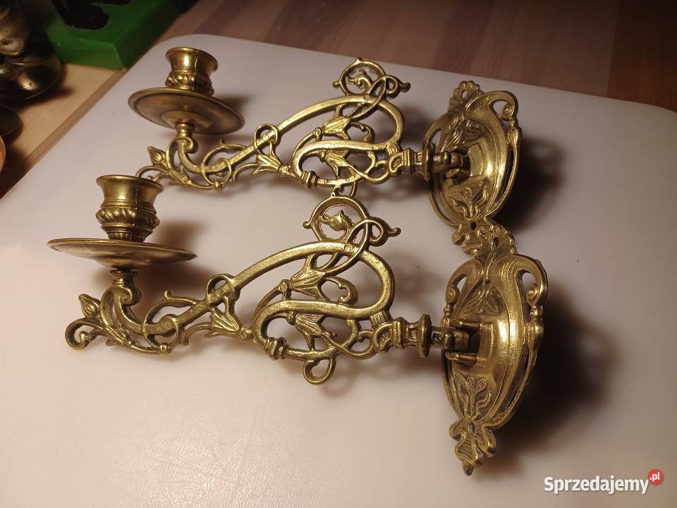 Komplet dwóch świeczników do pianina Mosiądz Lampiony i latarnie Poznań sprzedam