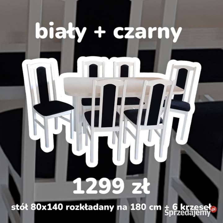 Nowe: Stół 80x140/180 + 6 krzeseł,  BIAŁY + CZARNY, transPL