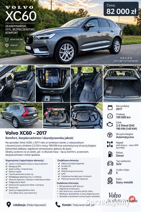 Volvo XC60 D4 190 2017 Automat 199 000 łódzkie Ozorków