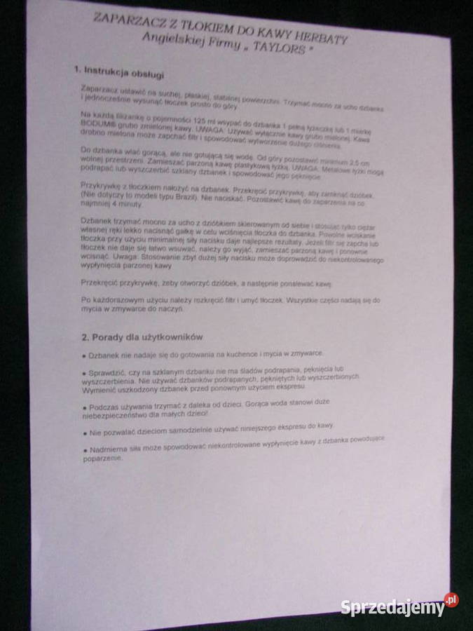 Angielski ZAPARZACZ Z TŁOKIEM DO KAWY HERBATY sprzedam