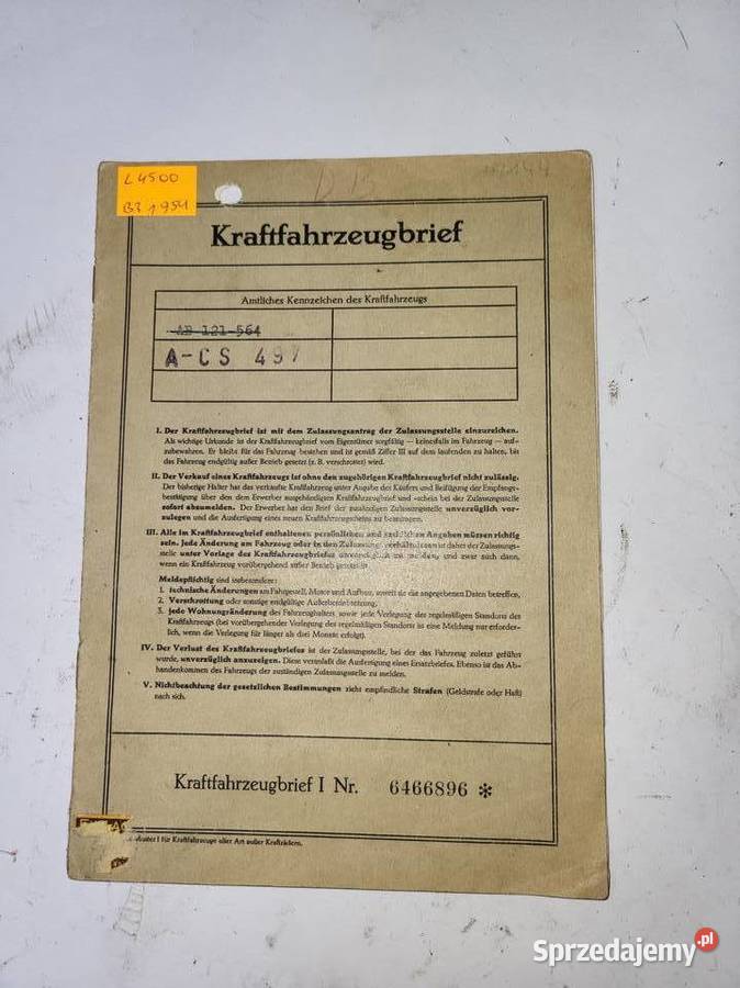BRIF MERCEDES L4500 1954 DOKUMNETY śląskie Rybnik
