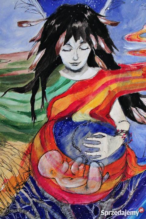 Duży anioł malowany akrylami na drewnie ANIOŁ