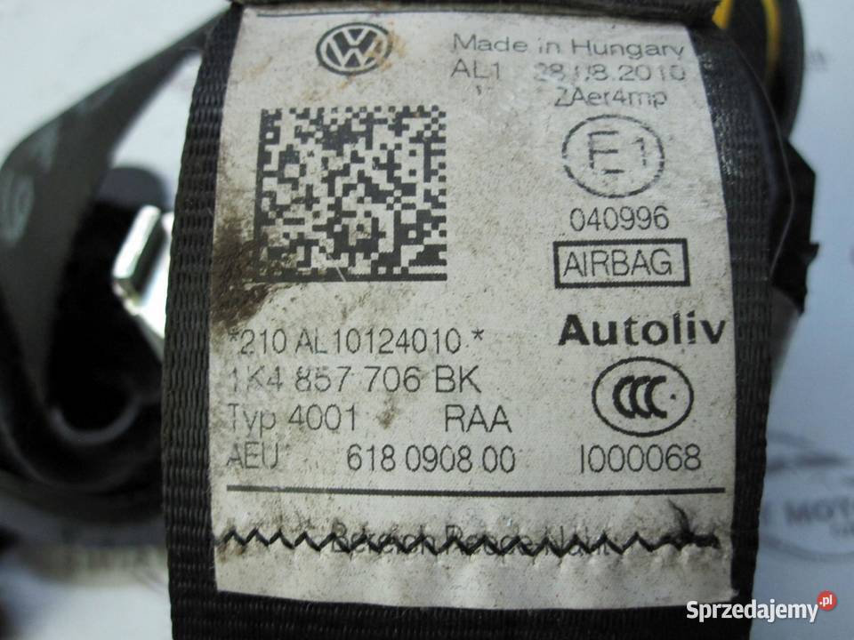 VW GOLF VI 10r pas bezpieczeństwa prawy przód Pasy bezpieczeństwa
