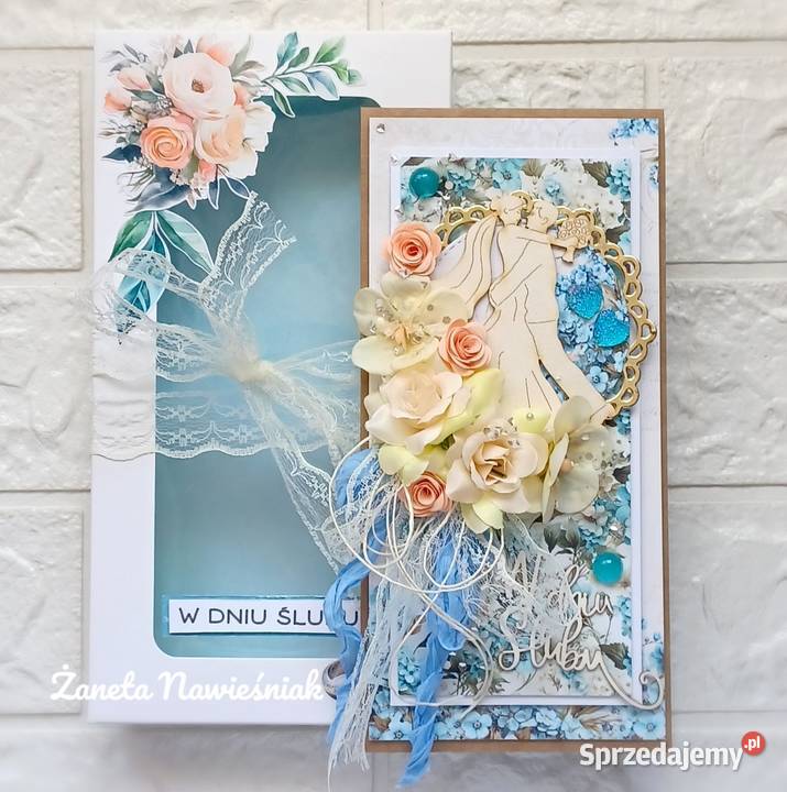 Ślubna kartka ręcznie robiona w pudełku Mszana Dolna