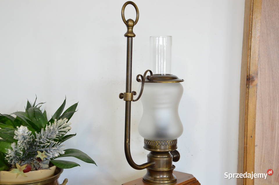 elektryczna lampa naftowa drewno mosiądz stara Antyki Jastrzębie-Zdrój