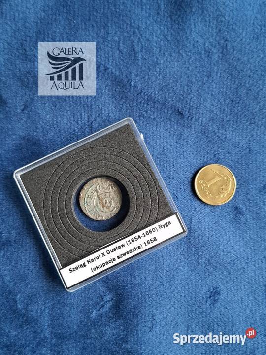 Szeląg miejski Karol X Gustaw Ryga 1658 okupacja Wejherowo