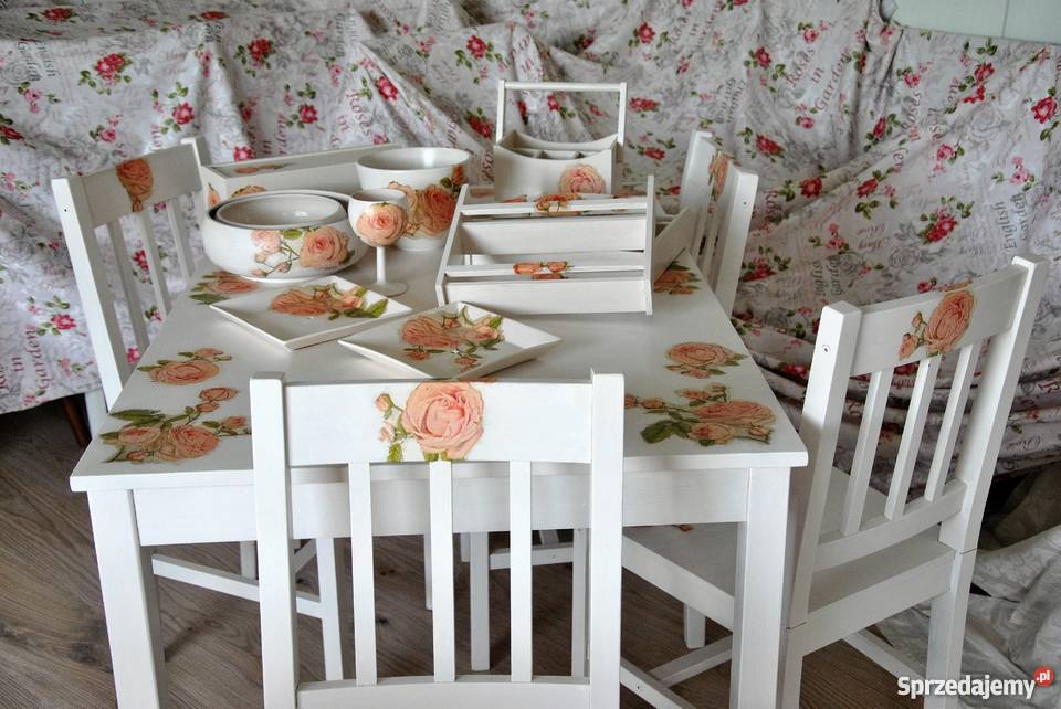 STYLOWY STÓŁ SOSNOWY DECOUPAGE ZESTAW Kawice