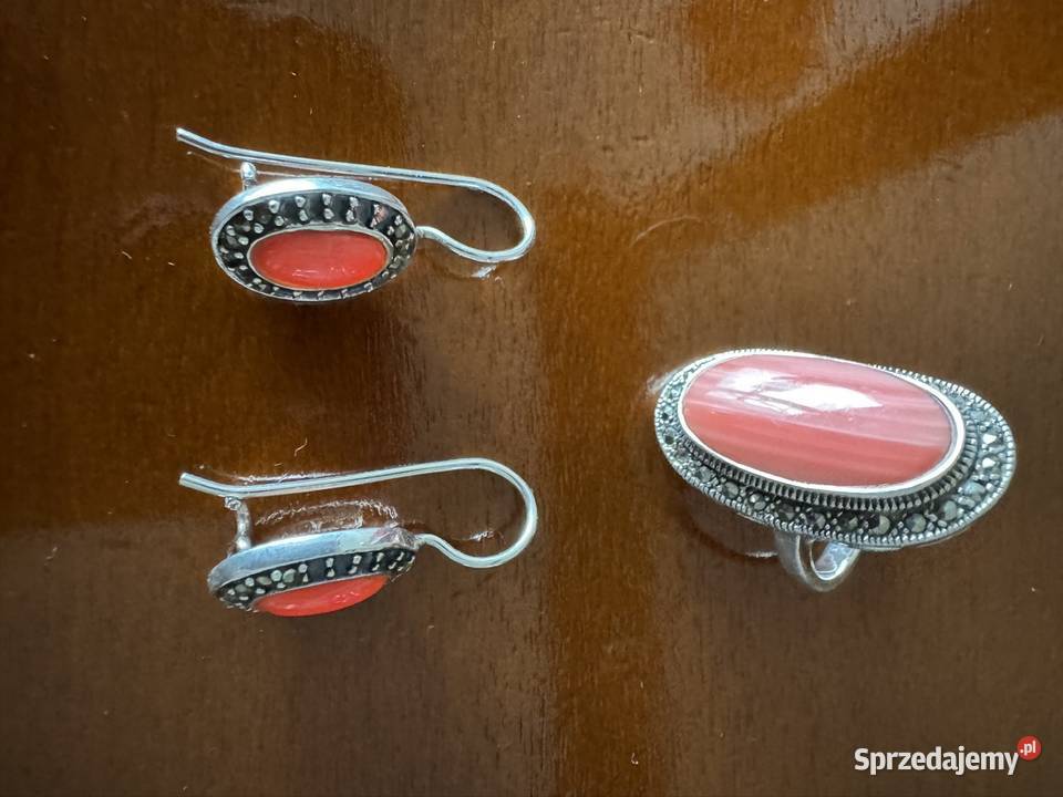 Kolczyki srebrne z markazytami z koralem srebro Kolczyki Częstochowa