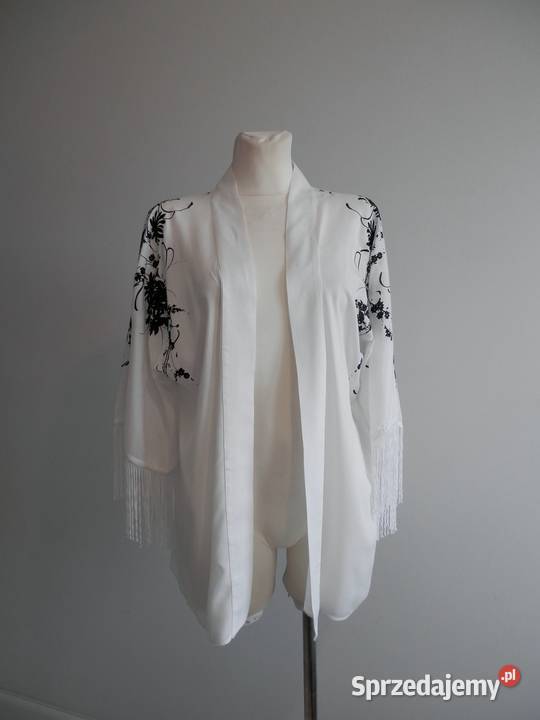 Narzutka Kimono Blezer Tunika Biała z Frędzlami biały Łomża