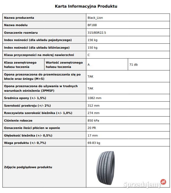 BlackLion BF188 31580 R225 Opony Prowadzące Nowa 315 Zarębki sprzedam