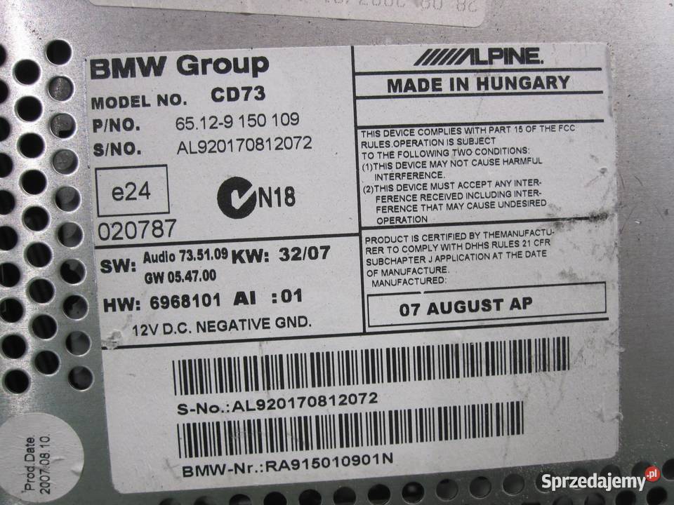 BMW E92 07r radio CD 6968101 9150109 Sprzęt audio fabryczny