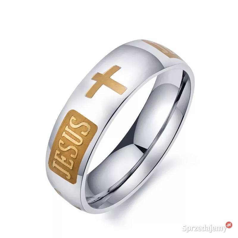 Obrączka grawerowana Jezus z krzyżem stal Starachowice sprzedam