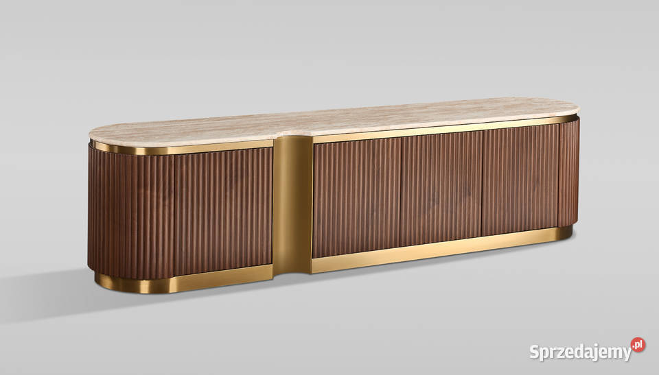 Ryflowana szafka RTV złota drewniana brązowa Golkowice