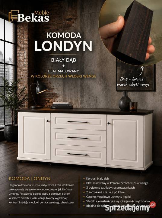 Komoda LONDYN Biała Loftowa Blat Orzech Wenge Białystok