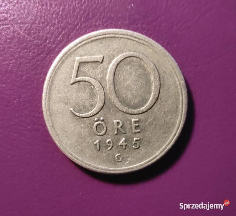 Moneta 50 ORE 1945 G SZWECJA Srebro ŁadnaRzadka Pruszków