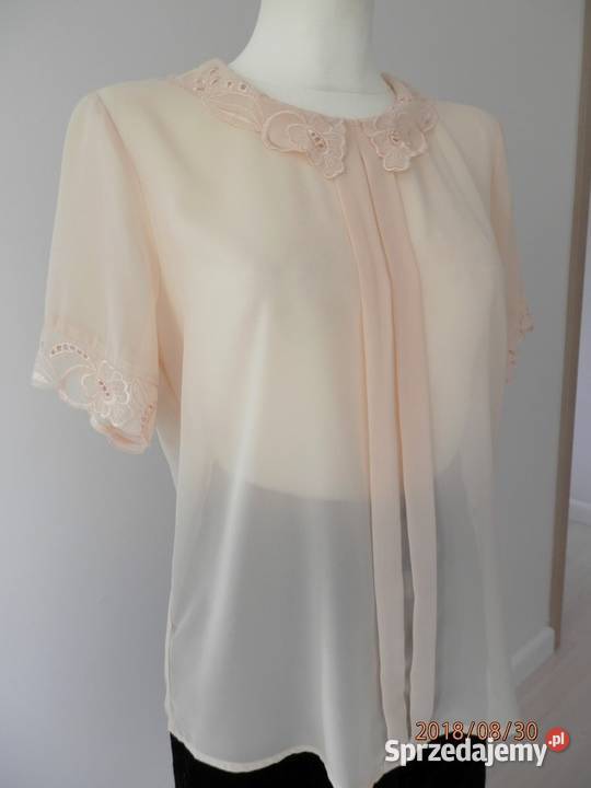 Bluzka Wizytowa Beżowa Nude Zdobiona Ażurem krótki