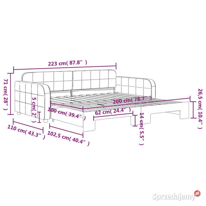 Sofa rozsuwana jasnoszara aksamit 100x200 110cm Warszawa