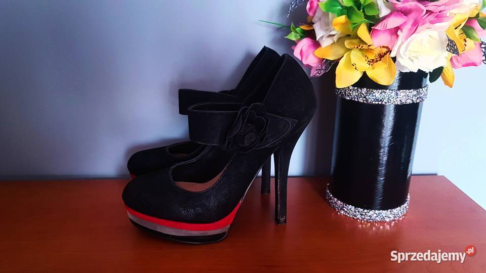 Buty Czarne Na Obcasie Platforma Półbuty Chybie