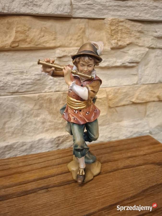 Rzeźba z drewna piękna malowana grajek Rękodzieło Lubień