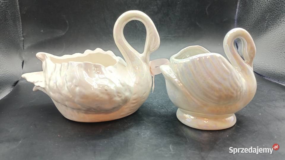 Para ptaki ceramiczne łabędzie iryzowane osłonki Zamość