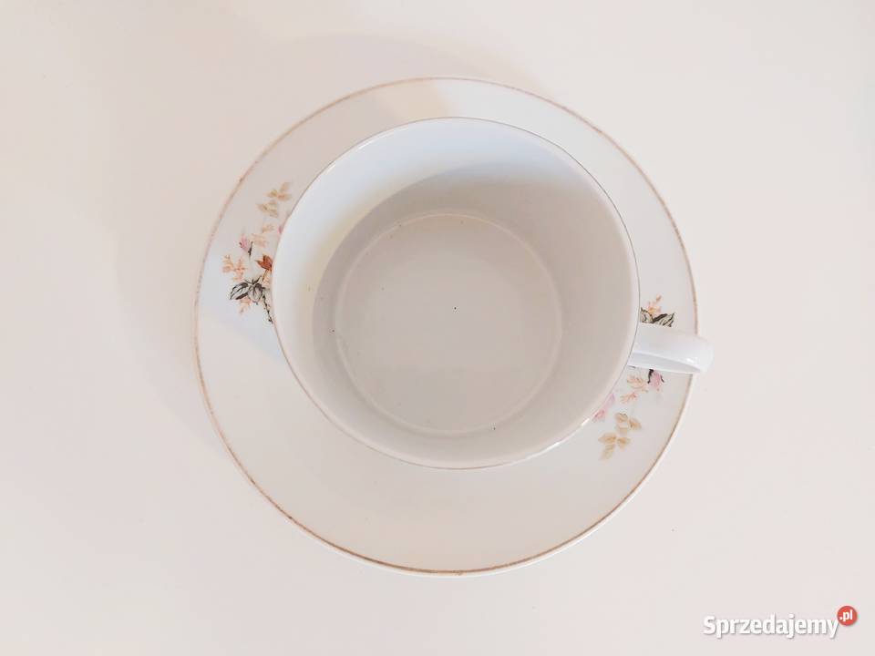 biała filiżanka z talerzykiem vintage retro Porcelana i szkło wielkopolskie