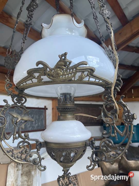 Stara lampa naftowa żyrandol mosiądz porcelana dolnośląskie Bystrzyca Kłodzka