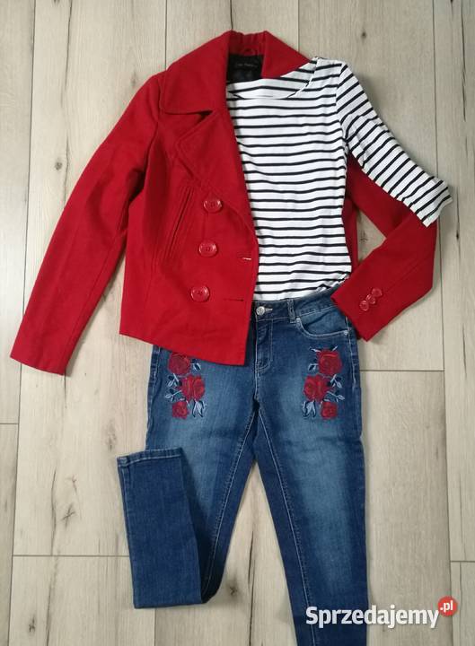 Damskie spodnie jeans z haftami róż nowe Dębica