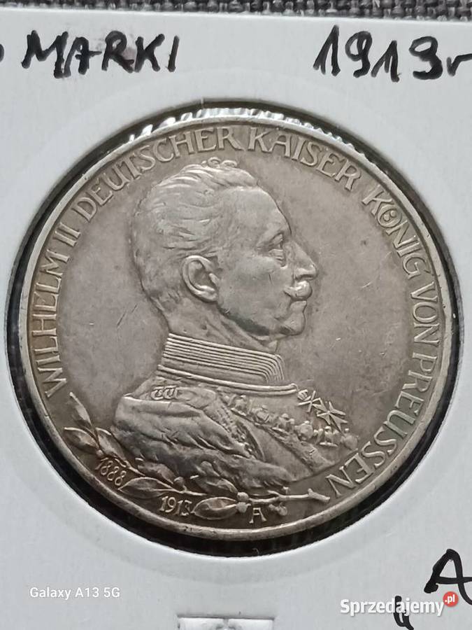 3 Marki Prusy Wilhelm II 1913 r Śliczne Numizmatyka Konin sprzedam