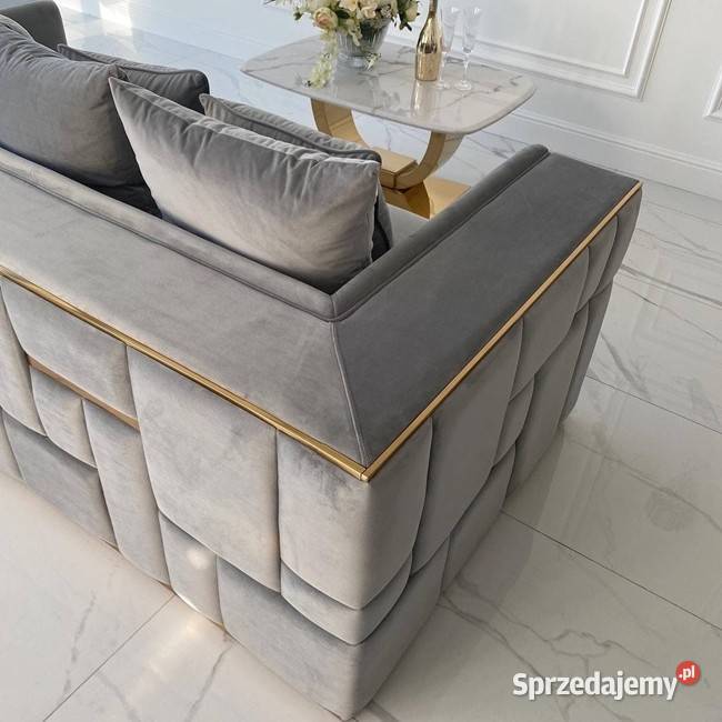 Sofa nowoczesna 3 os Szara Złota Glamour 72cm Warszawa