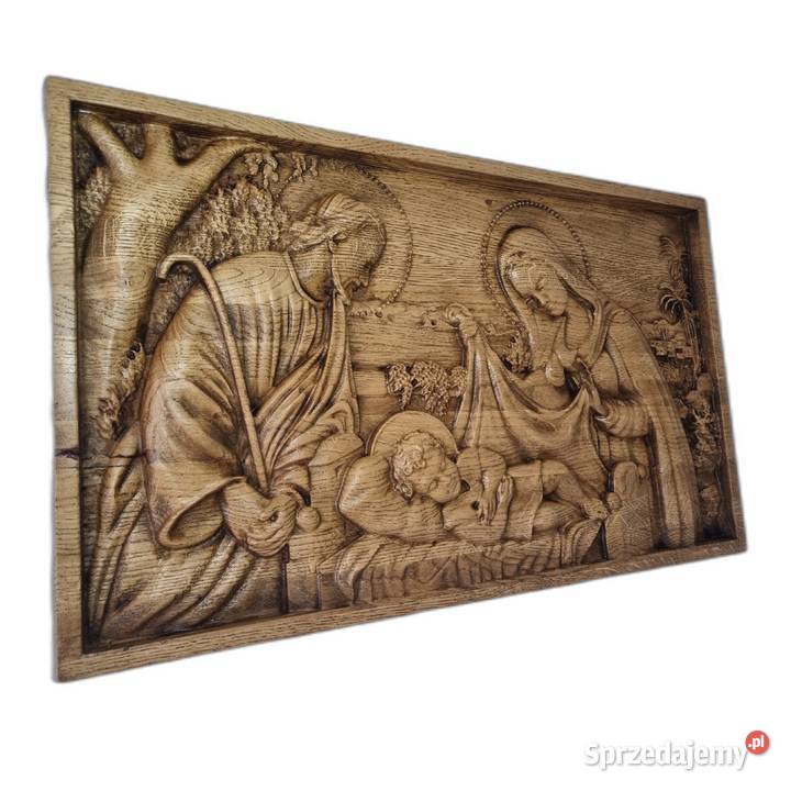 Drewniana płaskorzeźba Narodzenie Pańskie cisza Malechowo