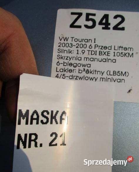 MASKA Pokrywa Silnika VW TOURAN I 0306 LB5M kujawsko-pomorskie Jabłonowo-Zamek