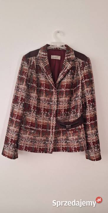 Elegancki żakiet w pepitke burgundowy tweedowy Kraków