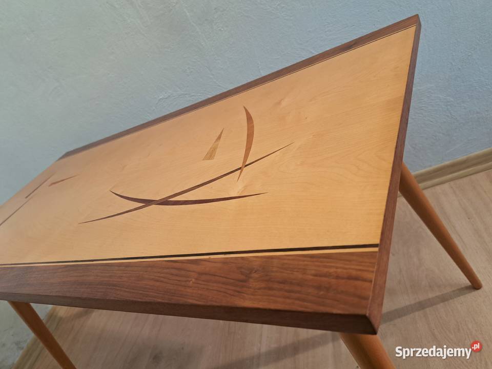 Ława drewniana PRL vintage intarsjowana 102cm Olkusz