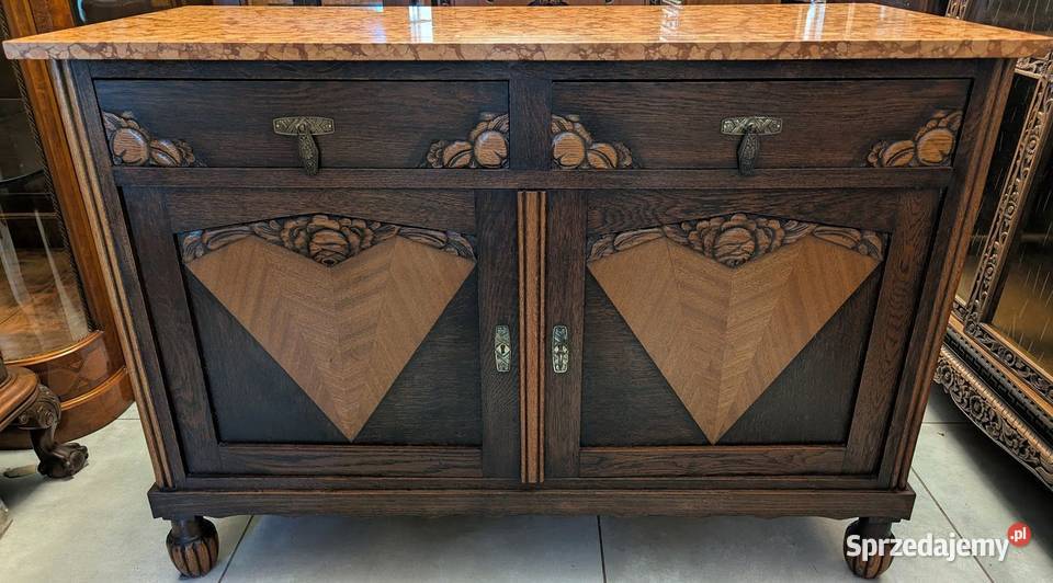 Piękna dębowa komodaszafka art deco z marmurem śląskie