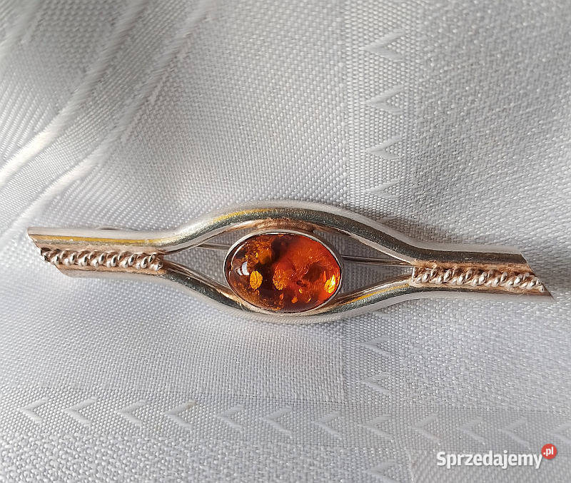 srebrna broszka z bursztynem Suwałki