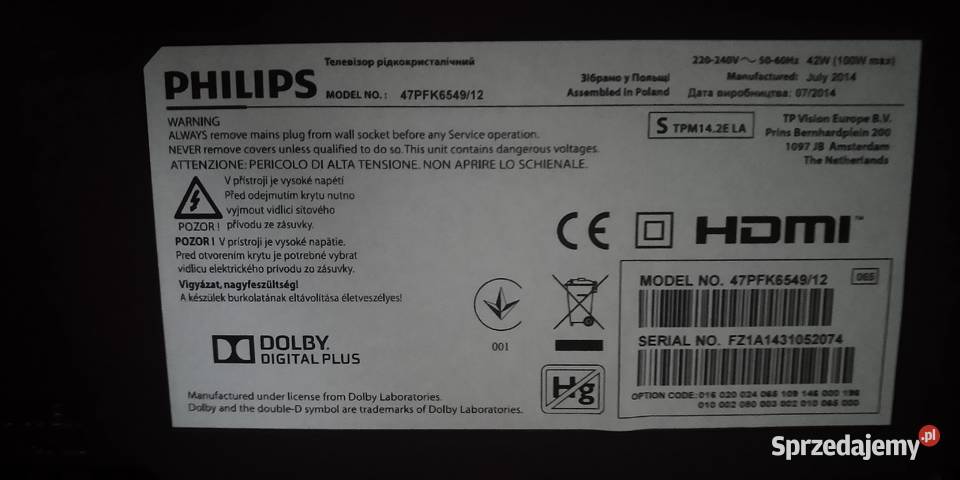 Telewizor LCD PHILIPS 47PFK6549 części Pruszcz Gdański