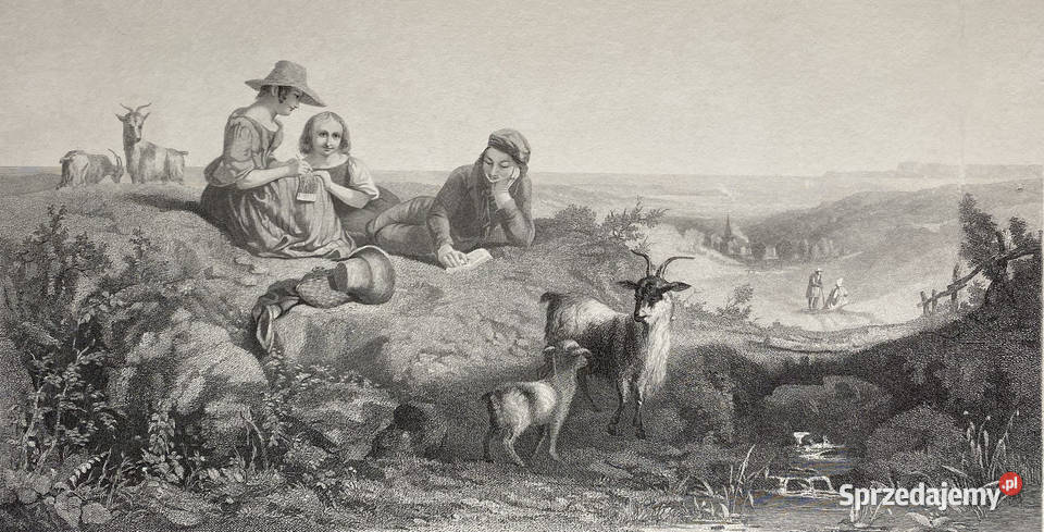 Scena pasterska Duża litografia XIXwieczna Warszawa