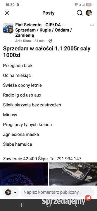 Fiat Seicento 11 2005r sprawny Zawiercie